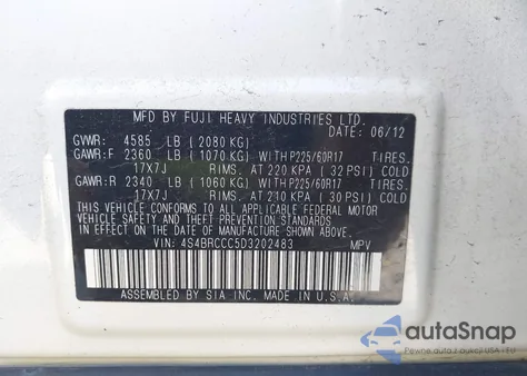 2013 Subaru Outback 2.5I Premium z USA, uszkodzony, nr VIN 4S4BRCCC5D3202483